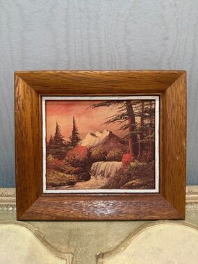 Vintage 60s Wonsmos Waterfall Mountain Landscape Print Deep Wood Frame